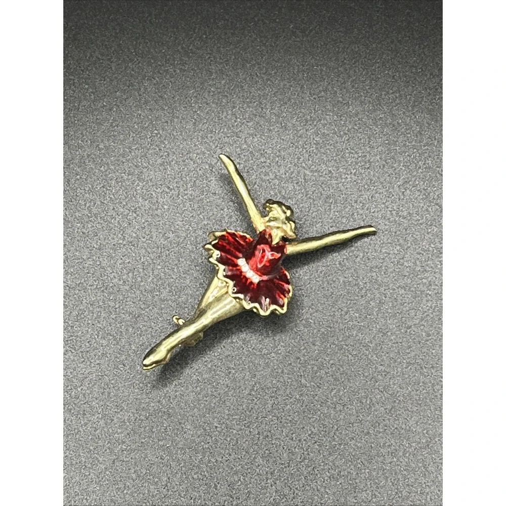 Ballerina Pin Brooch Gold-Tone & Deep Red w/ Rhinestone 2